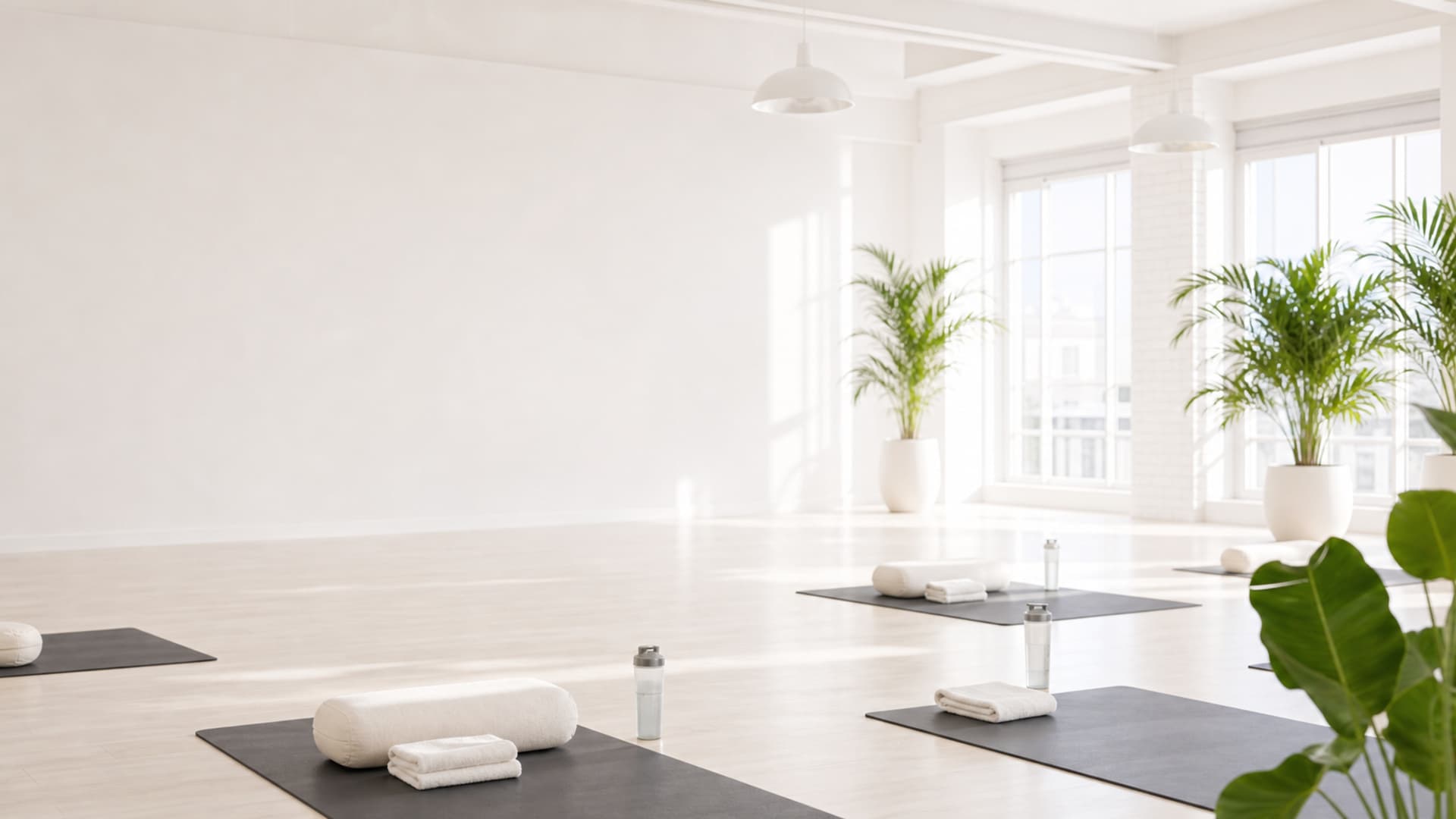 Bright white yoga studio set for Switchplay Yoga
